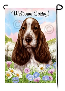 Welcome Spring Garden Flag - Liver and White English Cocker Spaniel - Picture 1 of 1