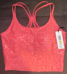 Calvin Klein Performance Logo Coral STRAPPY BACK CROP TOP W/ Built In Bra Sz Med - Picture 1 of 13