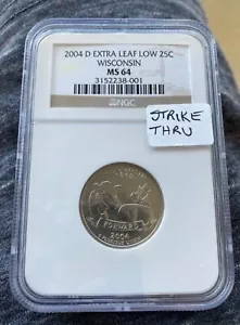 STRIKE THRU 2004-D WISCONSIN EXTRA LOW LEAF STATEHOOD 25c ERROR NGC MS 64 - Picture 1 of 4