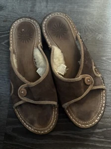 UGG KALAMA Brown Suede Sherpa Slides Open Toe Leather Sandals 1793 Size 6 - Picture 1 of 4