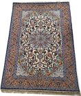 Excellent Handmade I'sfahan wool and silk P'ersian rug in white blue 7 x 4.9 ft