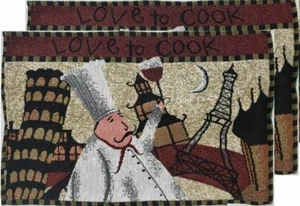 Set of 2 Tapestry Placemats,13"x19",FAT CHEF W/WINE & LANDSCAPES,LOVE TO COOK,HC - Picture 1 of 12