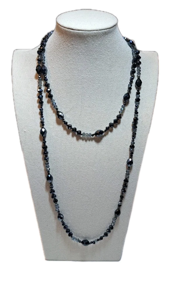 Vtg Chico's AB Midnight Black/Clear Glass Beads Long Necklace Brilliant Sparkle  - Image 1 of 4