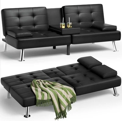 Futon Sofa Bed Leather Couch with Removable Armrests Adjustable Recliner Sleeper - Image 1 of 4