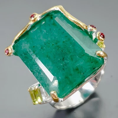 Anillo único de berilo verde natural de 37 quilates de plata de ley 925 talla 8/B-R3763 Foto 1 de 4