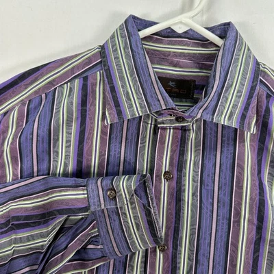 Etro Dress Shirt Mens 44 Purple Striped Jacquard Made Italy Cotton Long Sleeve - Image 1 of 4