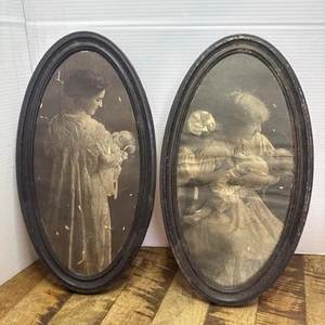Quadri incorniciati madre vittoriana con bambini 10" x 5,5" ogni coppia vintage ovale - Foto 1 di 5