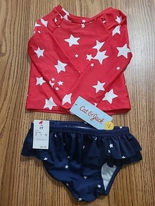 2 Pc Cat & Jack Upf 50+ Little Girls 2T Swimsuit Rash Guard Red White Blue Stars - Picture 1 of 11