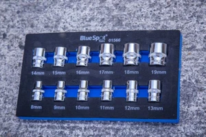 Juego de 12 enchufes métricos de 3/8""D poco profundos Blue Spot Tools 8-19 mm en espuma EVA - Imagen 1 de 4
