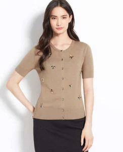 Ann Taylor Cárdigan Ann Taylor Embellecido Mangas Cortas Suéter Mezcla de Algodón Bronceado L, Nuevo con Etiquetas - Imagen 1 de 10