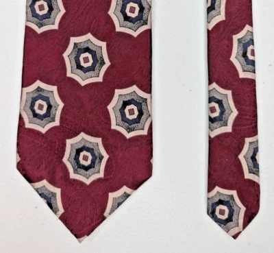 Profiles 领带 Van Heusen 红色勃艮第几何葡萄酒海军蓝米色丝绸 — 第 1/4 张图片
