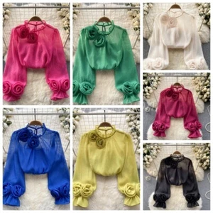 Women Floral Chiffon Bell Sleeves Ruffle Chiffon Blouse Long Sleeve Sheer Tops - Picture 1 of 22