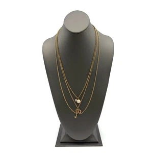 Gold Tone 3 Strand Curb Chain Heart, Key, Rose, Rhinestone Charm Necklace - Picture 1 of 12