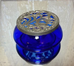 Vintage hand carted Cobalt Blue Glass Trinket with Metal Lid by Silvestri - Picture 1 of 5