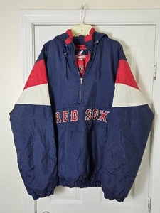 Vintage Majestic Boston Red Sox Puffer Jacket 2XL Navy Red Logo 1/2 Zip Hoodie - Picture 1 of 5