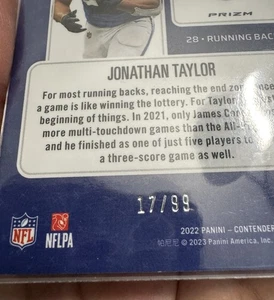 Biglietto Vincente 2022 Panini Contenders Optic Jonathan Taylor WT10 Blue Prizm /99 - Foto 1 di 7