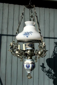 XL Dutch Delft blue white pottery angels cherubs metal glass chandelier 3 arms - Picture 1 of 7