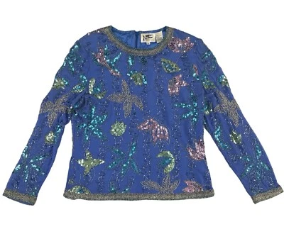 Blusa Top Vintage Con Cuentas Años 90 Azul Rosa Plata Manga Larga Lentejuelas Mediana Grande Foto 1 de 4