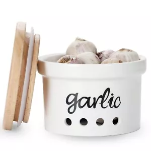 Garlic Keeper with Wooden Lid Ceramic Garlic Saver Container for Countertop F... - Picture 1 of 6