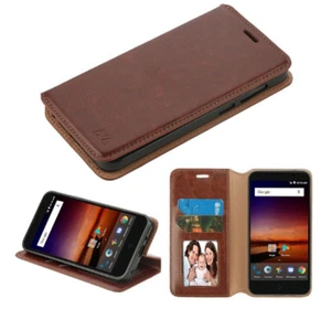 Brown Leather Card Wallet Flip Phone Case Cover For LG Tribute Dynasty / SP200 - Picture 1 of 1