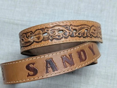 vintage WESTERN buckle belt 28 custom SANDY named TOOLED cowhide leather FLORAL - Image 1 of 4