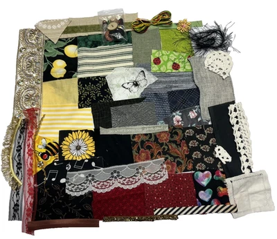 Fabric Scraps Slow Stitch Junk Journal Quilt Embroidery Lace Beads Charms Kit #9 - Image 1 of 4