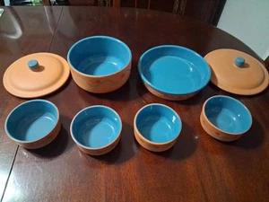 Vtg HiMark Portugal Terra Cotta Turquoise 2 Covered Serving Bowls & 4 Bowls - Picture 1 of 20