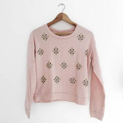 Sudadera para mujer Hollister talla mediana rosa pálido adornada pedrería brillante Foto 1 de 4