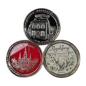 3 Vintage Tin or aluminum Drink Coasters Colorado Hannibal MO New Orleans Flaws - Picture 1 of 24