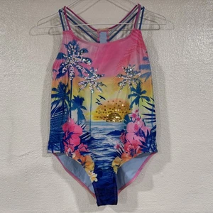 Justice Swimsuit Girls Large 10 12 Pink Blue Tropical Sunset Sequin One Piece - Picture 1 of 9