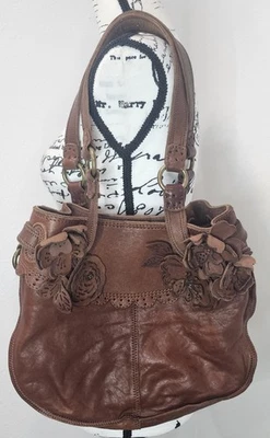 Lucky Brand Handbag Brown Italian Leather Boho Floral Applique Shoulder Bag Rare - Image 1 of 4