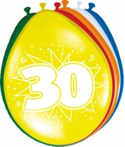8 X NUMBER 30 LATEX BALLOONS AGE 30TH BIRTHDAY - ASSORTED COLOURS 30CM (12") - Picture 1 of 1