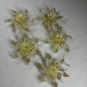 5 Vintage Christmas Flower Ornaments Gold Glitter 5" - Picture 1 of 8