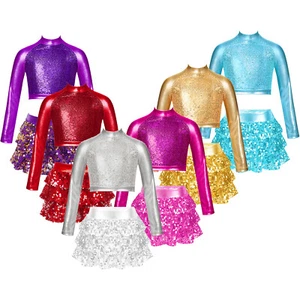 Girls 2Pcs Shiny Ballet Dance Skirts Outfits Metallic Crop Top with Skirted Set - Picture 1 of 61