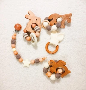 Baby Rattle Set Crochet Rattle Wooden Pacifier Clip Handmade Baby Neutral Gift - Picture 1 of 13