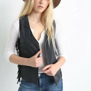 Anthropologie Moon River Vest M Gray Boho Festival Faux Suede Fringe Western - Picture 1 of 9
