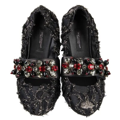 DOLCE & GABBANA Jacquard Crystal Brooch Strap Ballet Flats Shoes Black Red - Image 1 of 4