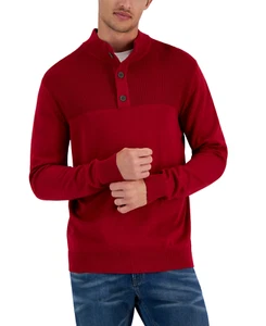 Club Room Mens Size Medium Long Sleeve Button Mock Neck Sweater Fire Burst Red - Picture 1 of 7