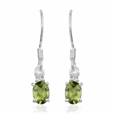 Natural Peridot and CZ Dangle Earrings in Sterling Silver 1.84 ctw Foto 1 de 4