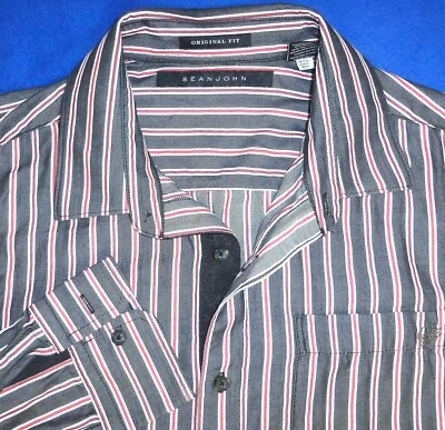 SEAN JOHN MENS SHIRT L BLACK/GREY RED WHITE STRIPED EMBROIDERED LOGO DENIM - Image 1 of 4