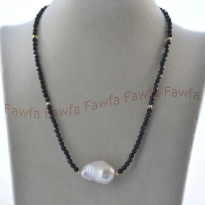 Collar de perlas barrocas Keshi de agua dulce y ágata negra facetada de 4 mm 18" Foto 1 de 3