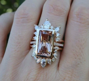 Wedding Ring Set 6.30Ct Baguette Created Peach Morganite 14K Yellow Gold Finish - Picture 1 of 7