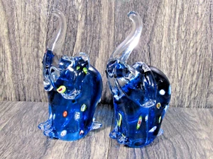 2 Vintage Millefiori Cobalt Blue Art Glass Elephants 7.5" Murano Italy Style - Picture 1 of 18