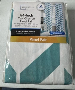 Teal Chevron & White Curtains 2 Rod Panel Pair Brand New Sealed In Package 84 In - Picture 1 of 2