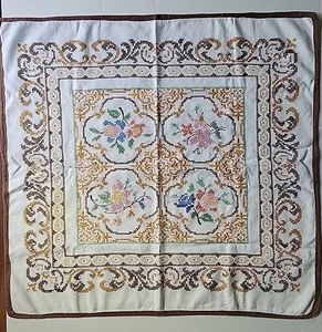 Vtg Hand-Embroidered Floral Tablecloth Cross Stitch Linen 29"x28" Cottage Decor - Picture 1 of 11