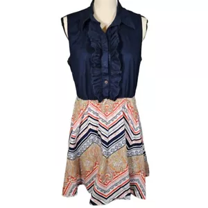 Bailey Blue Juniors Sleevless Collard Button Up Dress,Navy/Multi, XL DEFECT - Picture 1 of 10