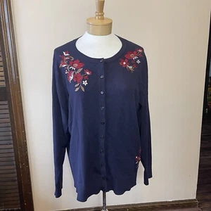 Charter Club Woman 3X Button Front Cardigan Navy Embroidered Flowers Washable - Picture 1 of 10