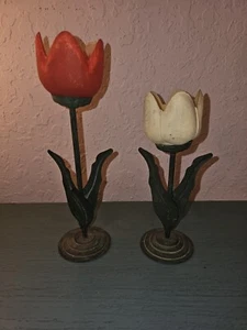 Vintage Pair 1980's Frosted Glass & Metal Tulip TeaCandle Holders-Very Good - Picture 1 of 14
