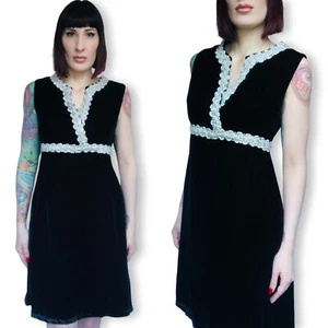 Vintage 1960s 60s Black Velvet Shift Dress w/ Silver Metallic Trim Rhinestone L - Picture 1 of 9