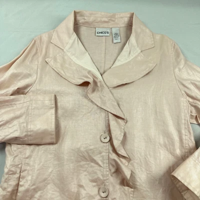 Chicos 2 Blazer Womens Large Pink Linen Shiny Ruffle Collar Long Sleeve Girly - Image 1 of 4